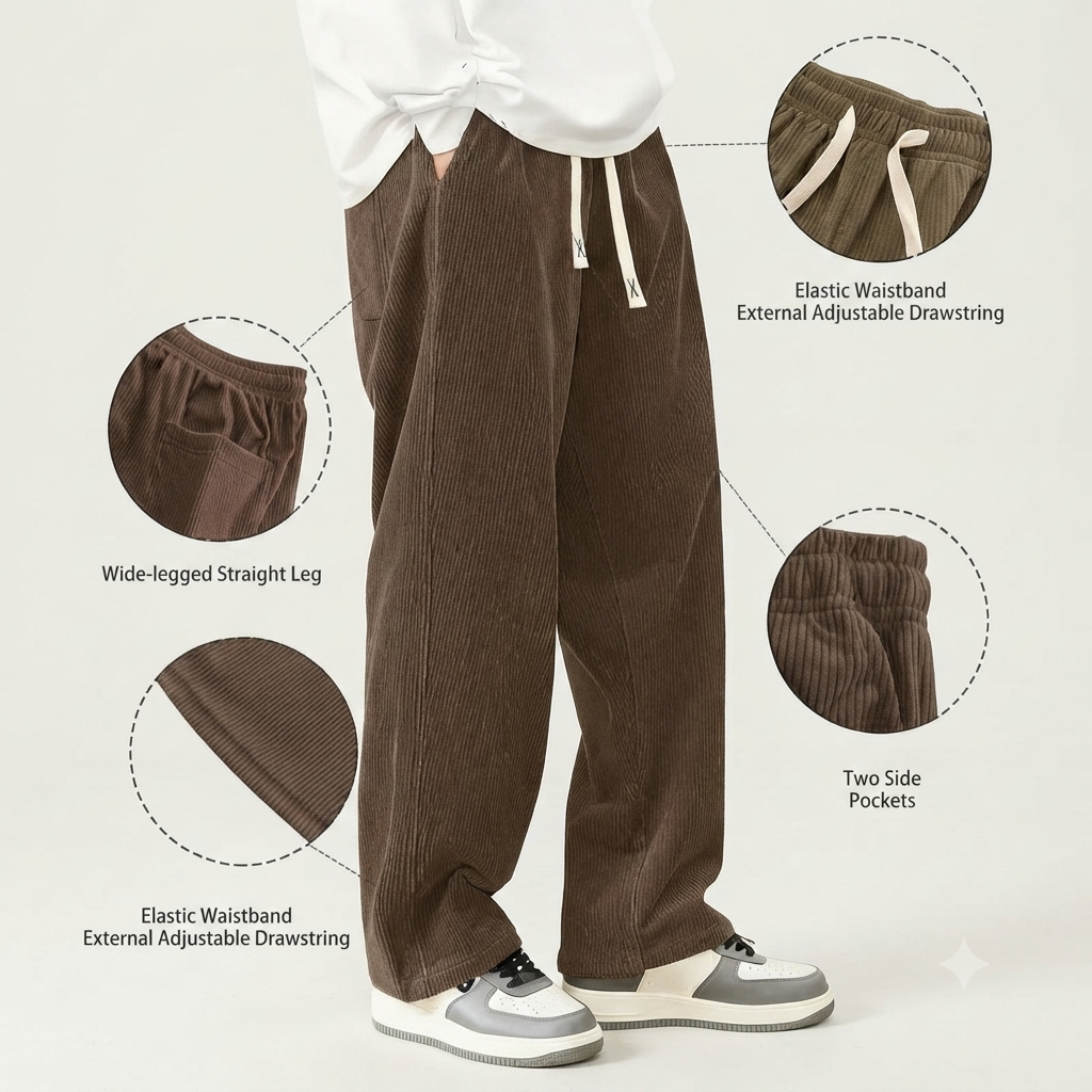 Mens Corduroy Casual Pants Fashion Loose Fit Wide Leg Pants Straight Sweatpants Elastic Waist Drawstring