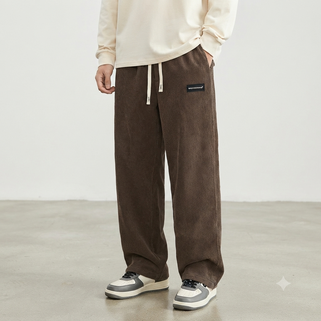 Mens Corduroy Casual Pants Fashion Loose Fit Wide Leg Pants Straight Sweatpants Elastic Waist Drawstring