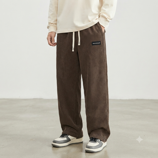 Mens Corduroy Casual Pants Fashion Loose Fit Wide Leg Pants Straight Sweatpants Elastic Waist Drawstring