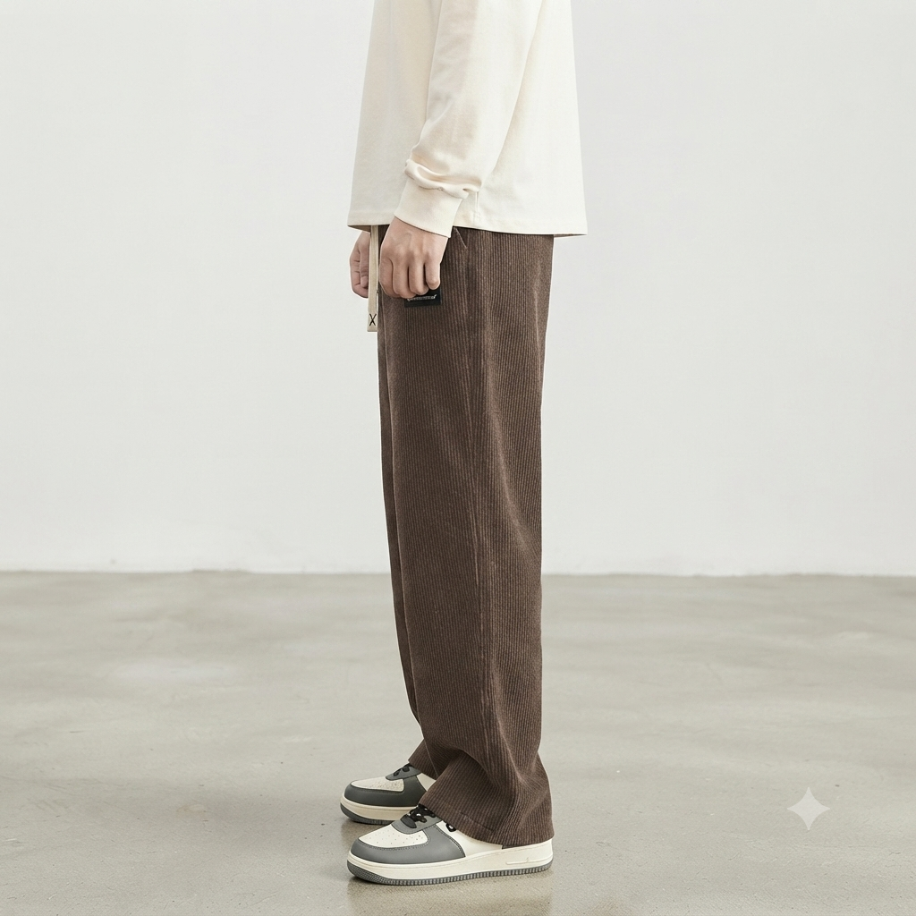 Mens Corduroy Casual Pants Fashion Loose Fit Wide Leg Pants Straight Sweatpants Elastic Waist Drawstring