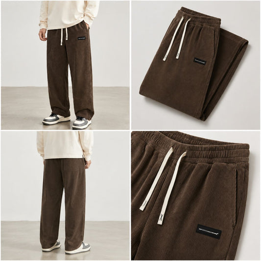 Mens Corduroy Casual Pants Fashion Loose Fit Wide Leg Pants Straight Sweatpants Elastic Waist Drawstring